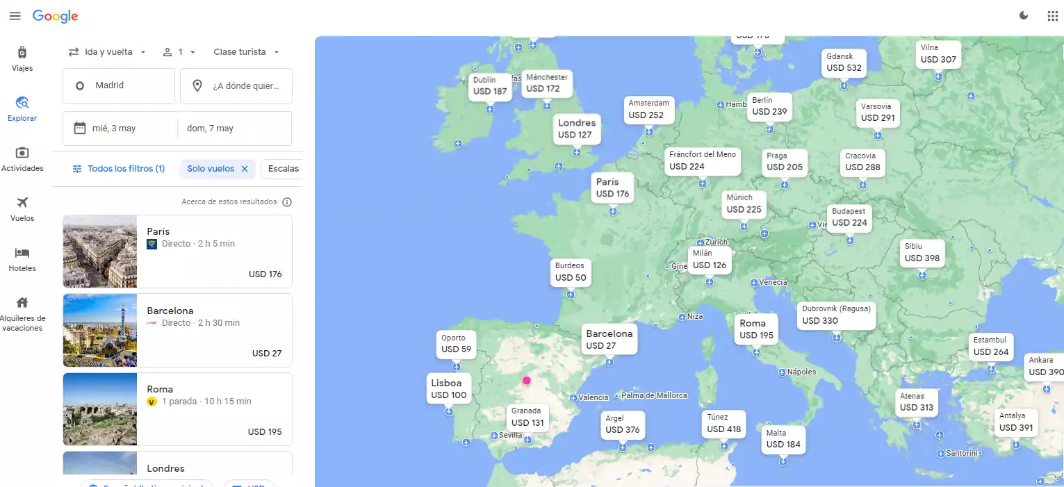Foto del mapa de Google Flights con destinos baratos.